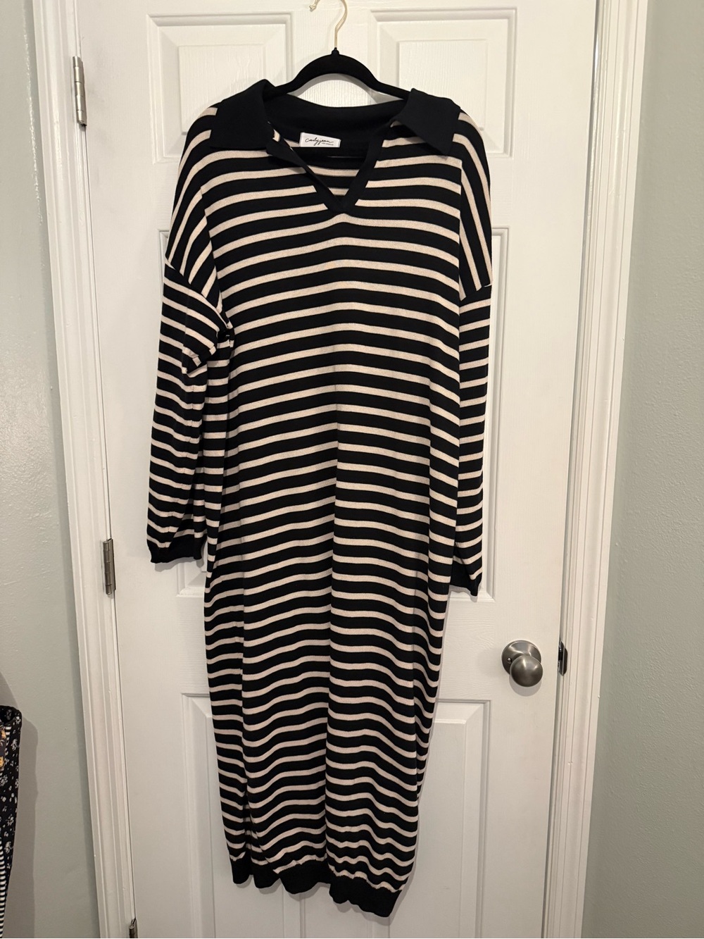 Carly Jean Los Angeles Black and Cream Striped Collared Knit Maxi Dress
